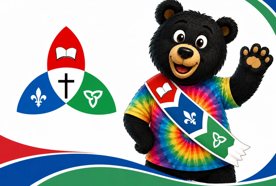 Mascotte Franco l'Ours portant un chandail tie dye