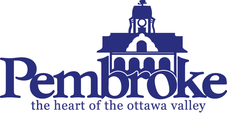 Logo bleu de la Ville de Pembroke, avec le texte « In the heart of the Ottawa Valley »